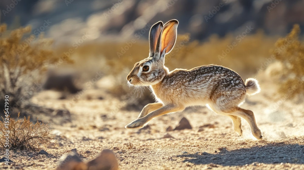 Fototapeta premium Desert Hare Speeding Through the Arid Landscape, Ears Alert and Body Agile