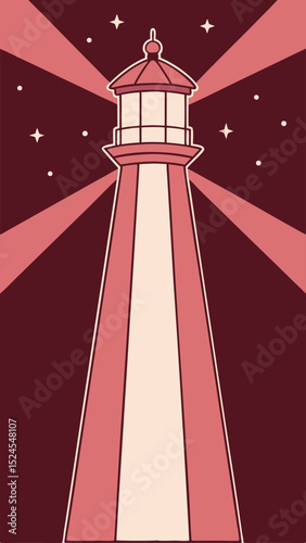 Retro illustration of a lighthouse shining light among the stars in the night sky