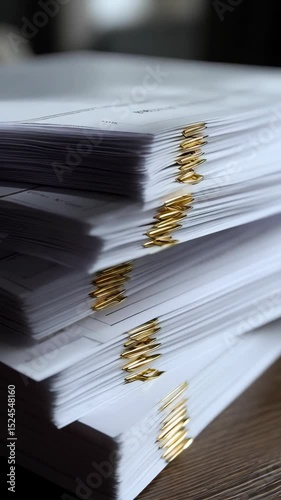 Stacked piles of white paper sheets with gold paper clips on a wooden table, documents organized for report, paperwork