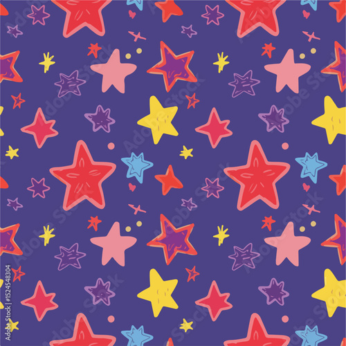 Colorful Starry Night Seamless Pattern Hand-Drawn Stars Design
