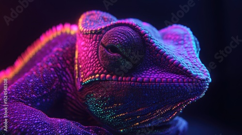 An Exotic Chameleon Showcasing Dazzling Multicolored Skin in Dark Environment