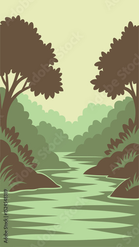 Serene landscape illustration depicting a river flowing through a lush forest setting