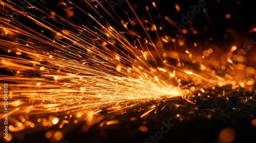 Glowing metal sparks in motion, a dance of fiery particles. Industrial energy transformed into abstract art.
