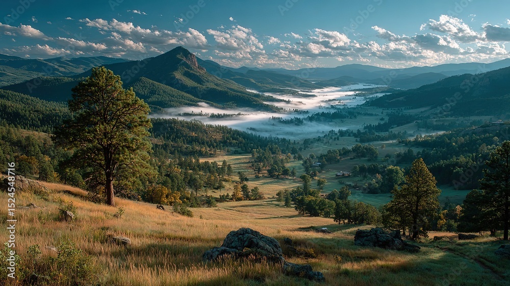 Fototapeta premium valley, range, meadow, trees, peak, alpine, hill, rock, tree