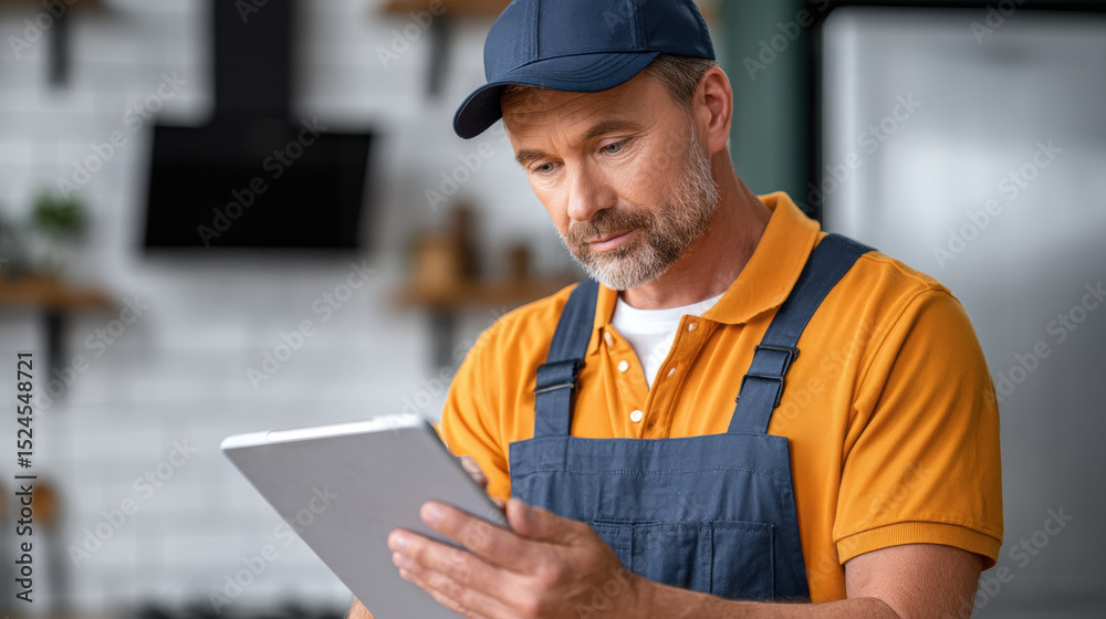 Fototapeta premium Middle aged man in yellow polo shirt and blue apron looks at tablet with focused expression, possibly reviewing work or instructions in modern kitchen or workshop setting