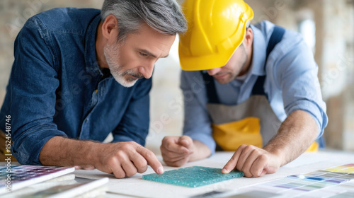 Two men, one older with gray hair and beard, and one younger wearing yellow safety helmet, examine sample material closely in construction or design setting, showing focus and collaboration