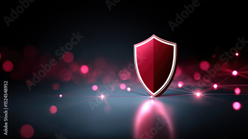 Digital shield icon with glowing red projectiles and network lines, symbolizing cybersecurity and protection in digital environment, conveying safety and defense themes