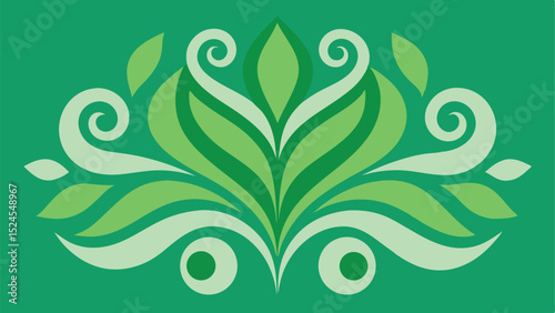 Stylized green floral ornament with swirls and leaf shapes on a transparent background