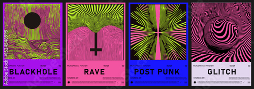 Set of four modernist posters features abstract wavy op-art patterns in neon pink, blue, green, and yellow. The popular futuristic style merges modernism, bold color, and experimental graphic design.