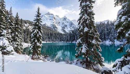 Lago de montaña, agua cristalina, invierno