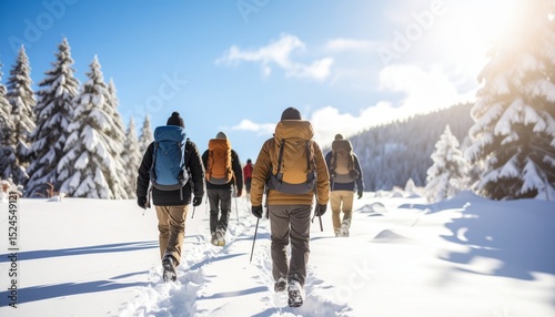 Grupo de exploradores en la montaña, invierno