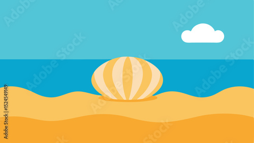 Summer beach scene with striped beach ball, sand, sea, and a cloud on a clear day