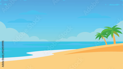 Sunny beach scene with palm trees ocean waves and blue sky summer vacation design