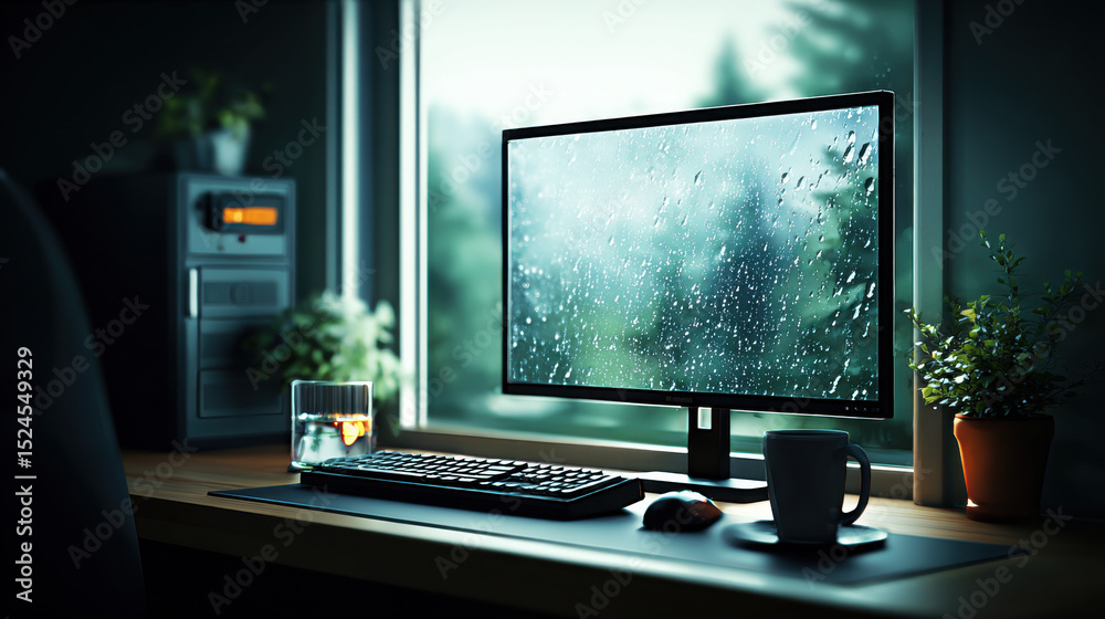 Fototapeta premium Home office with view of rainy day creating cozy atmosphere, featuring computer monitor displaying raindrops on glass, keyboard, mouse, mug, and potted plant on wooden desk near window