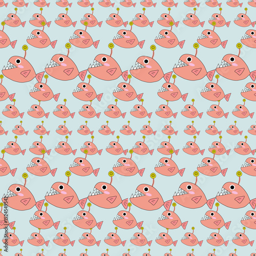 Pattern of cute pink Anglerfish on light blue background