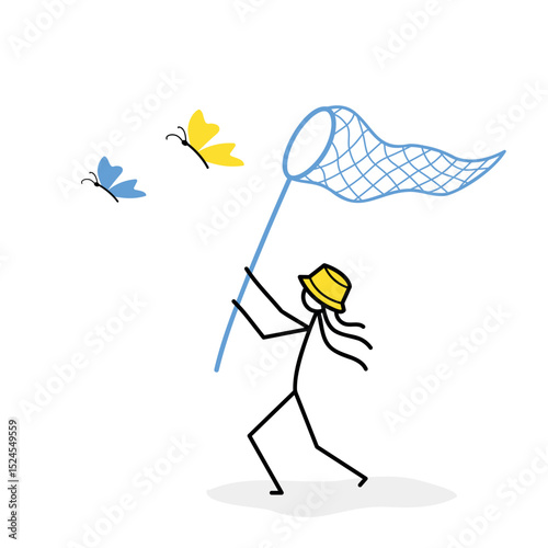 butterfly catching, cute little girl with an insect catcher, summer activity, stickman vector illustration