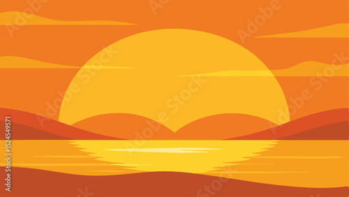 Vector illustration of a sunset landscape with vibrant colors and calm waters