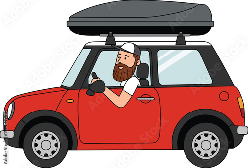 Man driving a red mini cooper with roof box illustration
