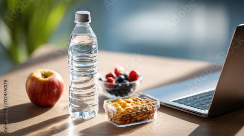 Healthy snack setup on wooden desk with laptop, water bottle, fresh apple, and bowl of berries, creating bright and inviting workspace environment that promotes wellness and productivity