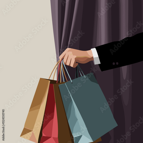 Person holding shopping bags behind curtain