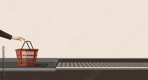 Hand placing shopping basket on checkout conveyor