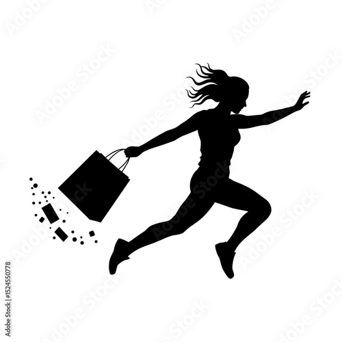 Running woman silhouette with shopping bag