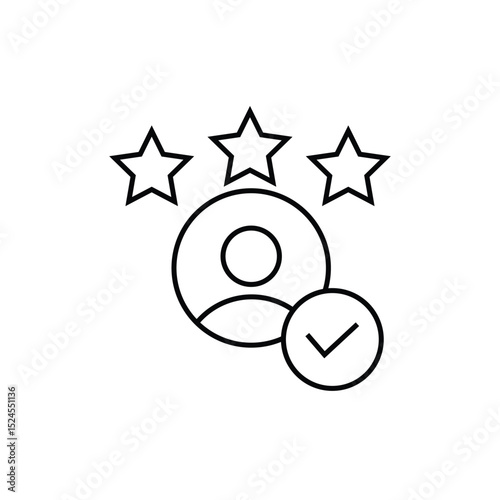 Minimalist line icon of a person with three stars and a checkmark, symbolizing rating, feedback, approval, or verified user. Ideal for UI, apps, and service-related projects.