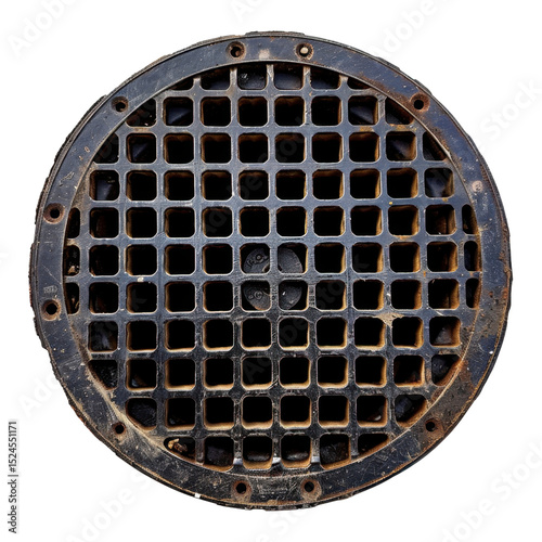 Round metal grate with grid pattern, featuring dark, weathered surface. grate has circular shape and is designed for drainage or ventilation purposes, showcasing robust industrial style