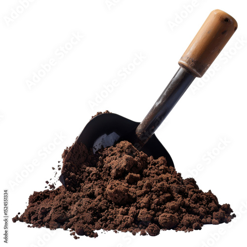 Metal shovel with wooden handle is partially buried in mound of rich, dark soil, suggesting gardening or landscaping activities. image evokes sense of earthiness and connection to nature
