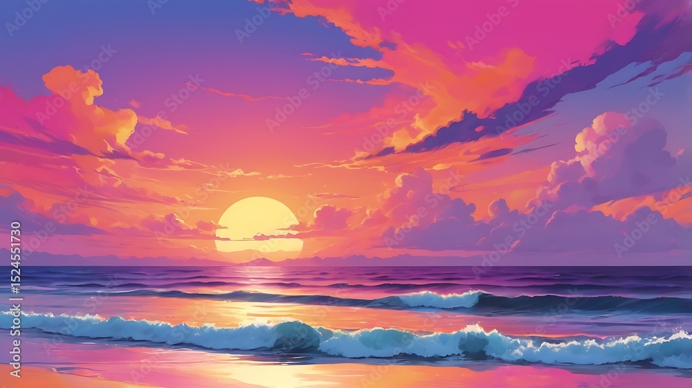 Fototapeta premium Vivid seascape illustration with sun setting amidst colorful clouds formation