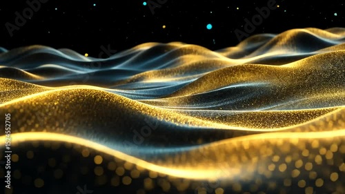 Abstract gold and blue wave patterns on black background