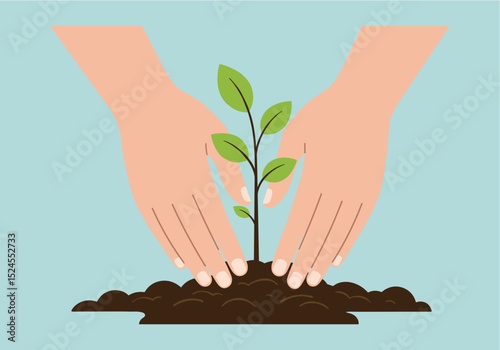 Flat vector of a person planting a tree on Earth Day, with just the tree sapling, hands, and soil patch on a plain calming background