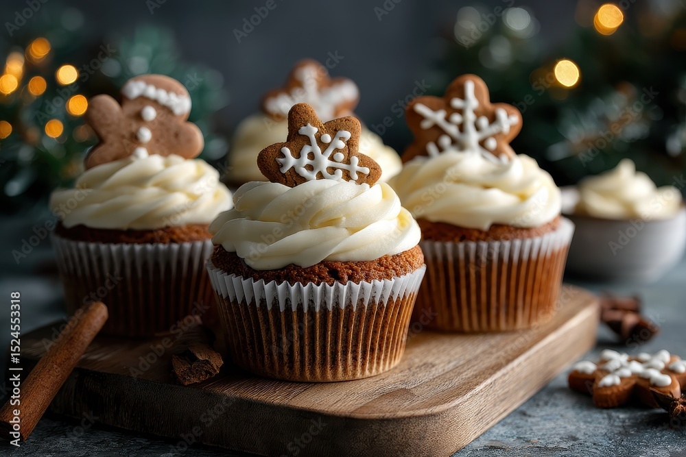 Festive dessert gingerbread cupcakes topped with cream cheese icing and mini cookies displayed on wood Festive dessert gingerbread cupcakes topped with cream cheese icing and mini cookies displayed on wood