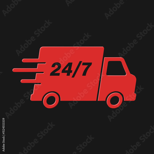 Red delivery truck icon with 24/7 shipping on black background