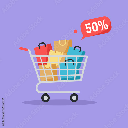 Shopping cart full of bags with 50 percent discount label