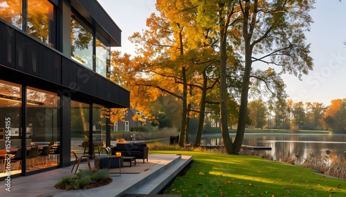 Modern House Exterior with Lake View, Autumn Trees, and Terrace - Contemporary Home Architecture