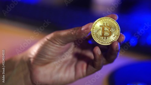 Man hand holding bitcoin. Digital Currency, Cryptocurrency