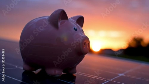 A piggy bank on solar panels at sunset, symbolizing savings and renewable energy