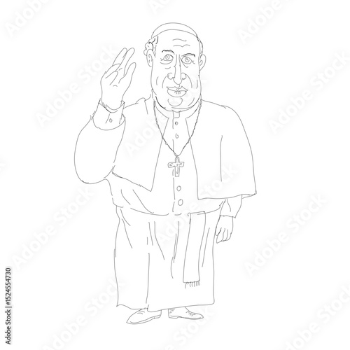 Line drawing illustration of a pope, bishop of Rome, head of the Catholic Church, supreme pontiff, the Holy See, standing with hand extended blessing front view done in monoline style.