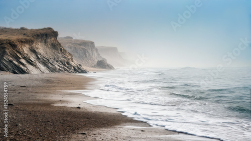 A landscape featuring cliffs and strong waves hitting the shore line.  A misty beach on a gloomy, mist filled day. A rough surf.