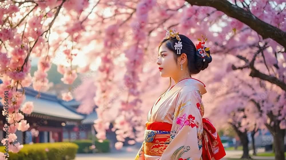Japanese Woman in Kimono Admidst Stunning Cherry Blossoms Japanese Woman in Kimono Admidst Stunning Cherry Blossoms