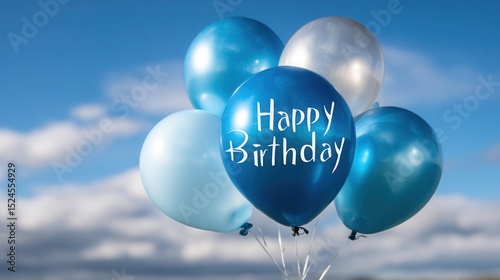 Happy birthday balloons floating in a cloudy blue sky