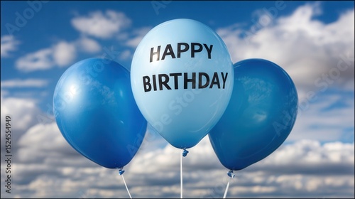 Blue balloons floating with happy birthday message against cloudy sky