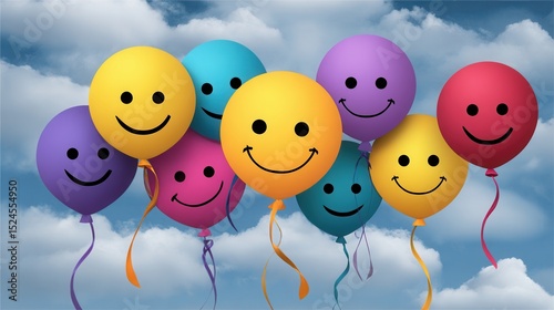 Colorful balloons with smiley faces floating in the sky
