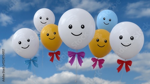 Balloons with smiley faces floating in the sky symbolizing happiness