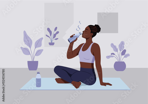 Flat vector of person drinking water while sitting on yoga mat