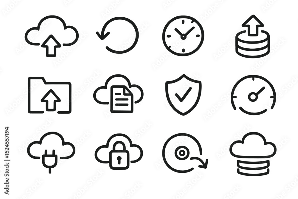 Fototapeta premium Cloud storage and backup icons on olive green background