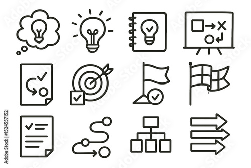 Outline icons of light bulbs, targets, and strategies on green background
