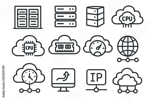 Cloud computing icons: cpu, server, data, network, ip on black background