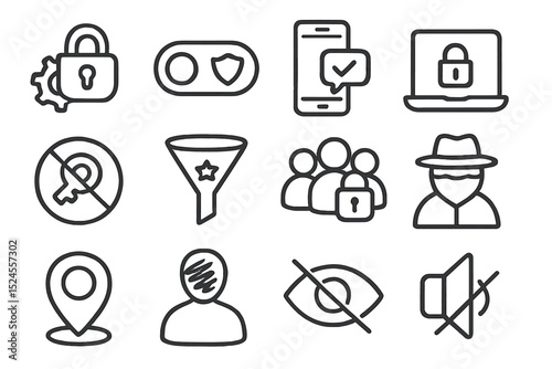 Cybersecurity and privacy icons: lock, shield, smartphone, and computer